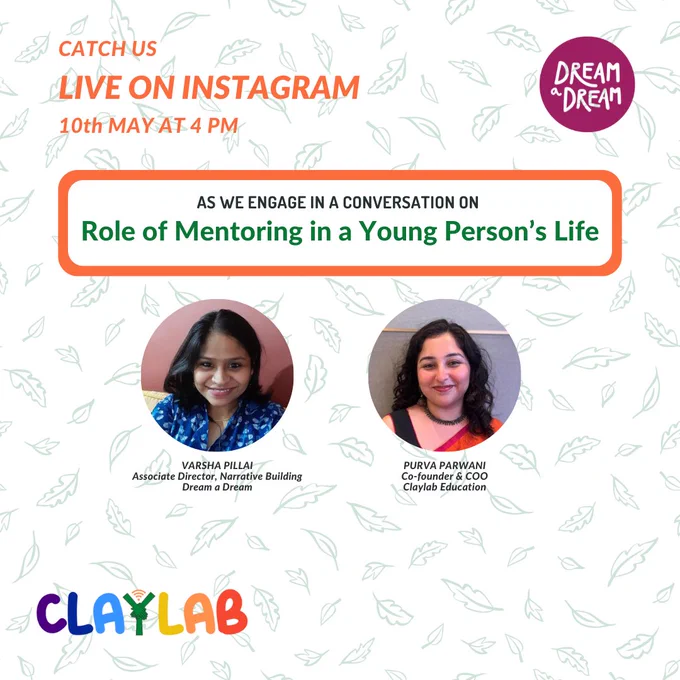 Listen in as @varshapillai engages in a conversation with Purva Parwani , Co-founder and COO - Claylab Education Foundation @claylab_edu on ‘Role of Mentoring in a Young Person’s Life’. It’s happening on Instagram at 4PM tomorrow, 10th May 2024!