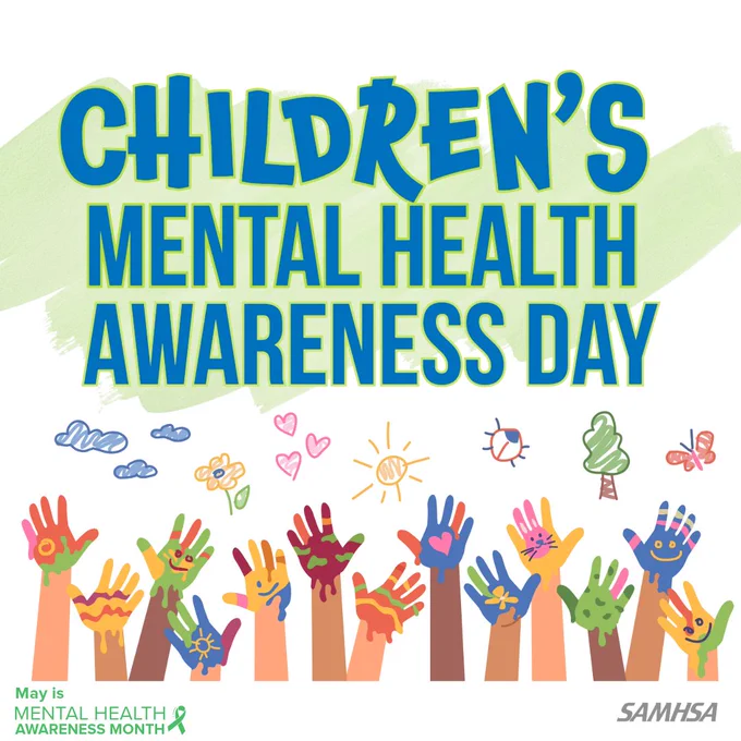 Kids hands in colorful paint. Text reads “Children’s Mental Health Awareness Day”