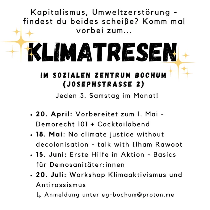 Kapitalismus, Umweltzerstörung - findest du beides scheiße? Komm mal vorbei zum... Klimatresen im Sozialen Zentrum Bochum (Josephstraße 2). Jeden 3. Samstag im Monat! 