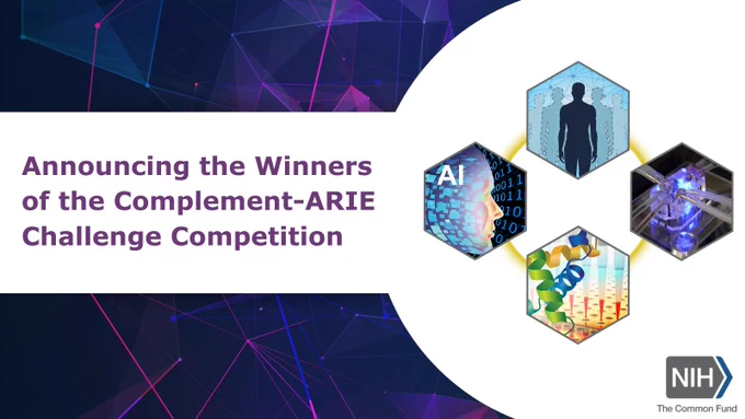 alt text: Blue and purple patterned background with a white rectangle overlaying the pattern. Image representing in silico, in vitro, in chemico, and AI is shown on the right. Text reads: “Announcing the Winners of the Complement-ARIE Challenge Competition. The NIH logo is shown in the bottom right corner.