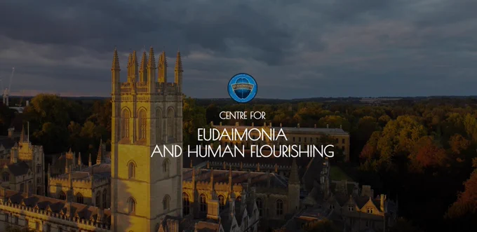 Aerial image of Oxford with the logo and words 'Centre for Eudaimonia and Human Flourishing'.
