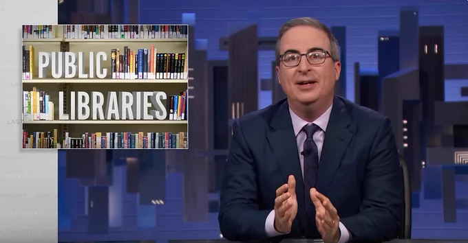 Screenshot of John Oliver, host of "Last Week Tonight" speaking about public libraries.