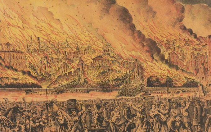 a drawing of the great fire of chicago, the city in ruins and ablaze, and a great throng of people on the safe side of the river carrying their worldly possessions