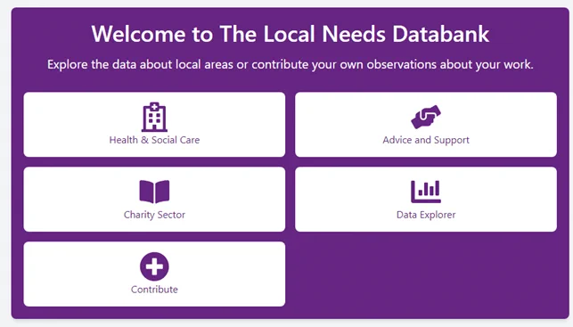 A screenshot of the Local Needs Databank homepage featuring: Health & Social Care, Advice & Support, Charity sector, Data Explorer, Contribute. 