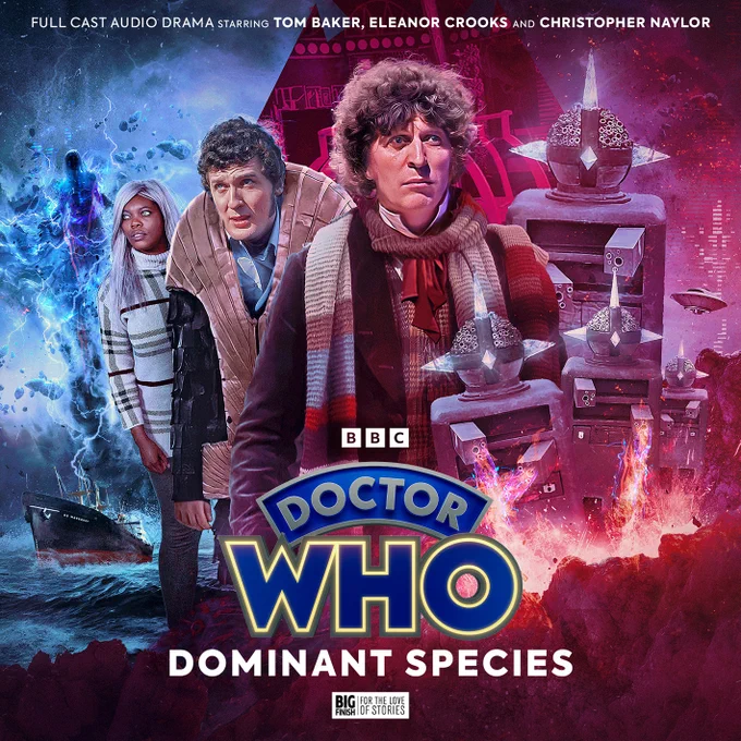 The cover of The Storm of the Sea Devils with art  by Ryan Aplin. In the centre of the cover is the Fourth Doctor. On the right of him are Naomi and Harry. Behind them, the SS Maycrest floats on stormy seas, while a water tornado topped by a mysterious figure looms above. The background on this side is deep blue. To the left are four quarks, shooting at some rockery. The background on this side is hot pink and this colour lights the quarks too.