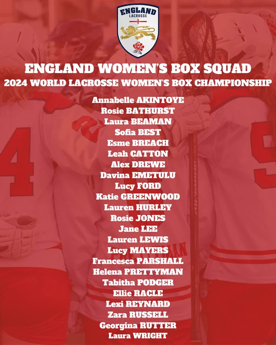 England squad for the 2024 World Lacrosse Women's Box Championship