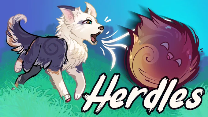 Artwork for our game Herdles, showing a herdle flying away after being barked at by the dog players control in the game
