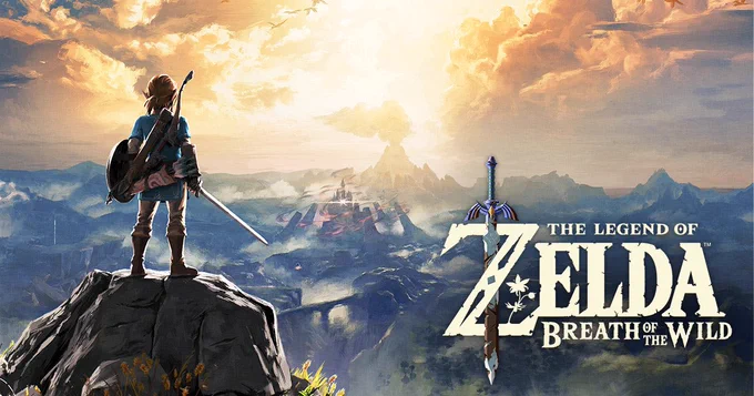 Artwork of The Legend of Zelda: Breath of the wild, showing protagonist link standing on a rock looking into the distance