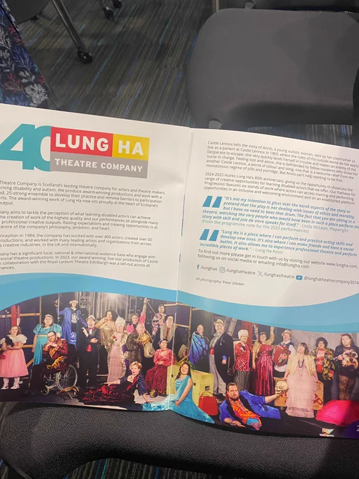 An open brochure with two pages with text in the top half and a colourful image of many people on the bottom half. The logo in the top left corner says "40 Lung Ha Theatre Company".