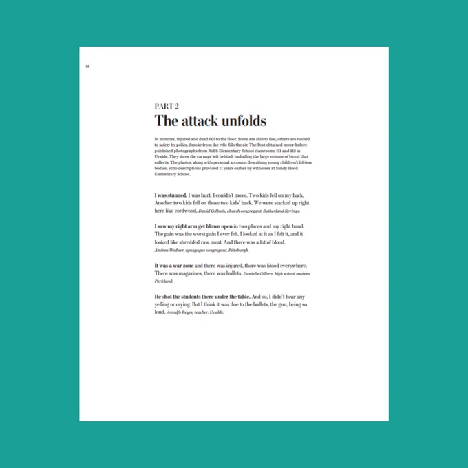 "Text page describing the unfolding of an AR-15 attack, recounting personal experiences and testimonies from survivors. It details the shocking and abrupt violence experienced, painting a vivid picture of the terror and confusion during such incidents."
