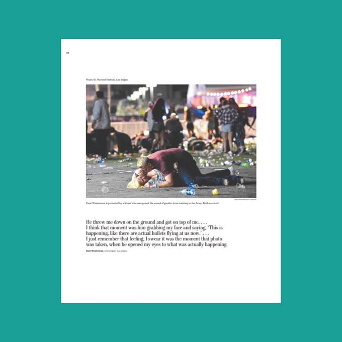 "Photo from the Route 91 Harvest Festival in Las Vegas showing a person lying on the ground, shielding another. This powerful image captures a moment of desperation and protection amidst the chaos, with the quote from a survivor reflecting on the harrowing experience."

