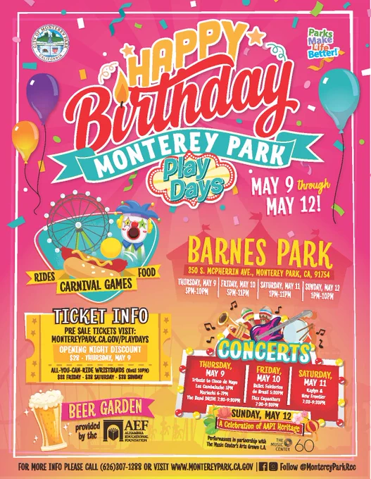 Images of balloons, carnival games and food, musical instruments and confetti on a pink and yellow gradient background.