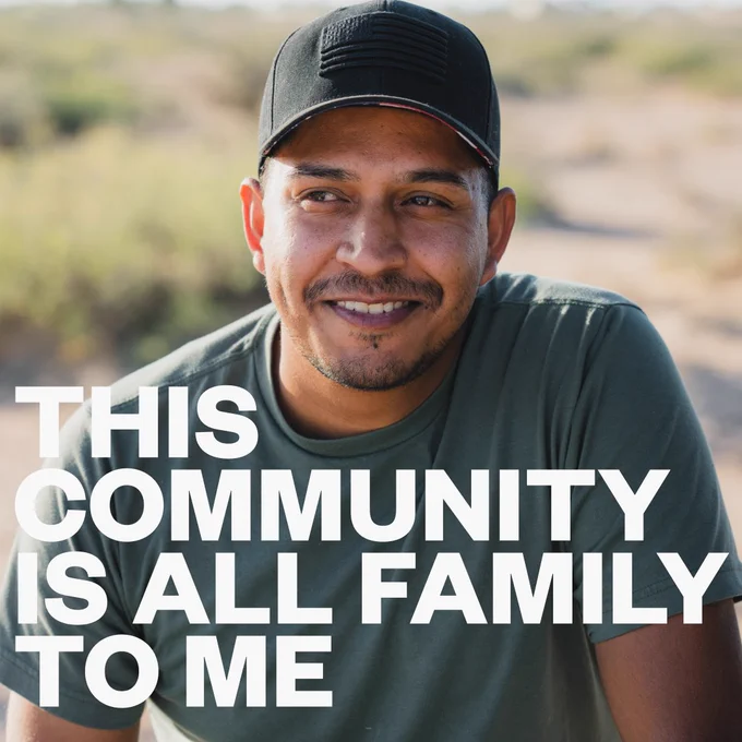 Photo of Jack wearing ball cap and sitting outside. Text: This community is all family to me.