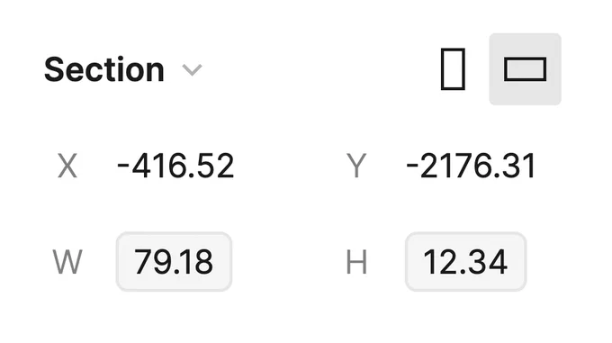 A screenshot of Figma's design properties panel with the following position and dimension properties of a selected section: x: -416.52, y:-2176.31, width: 79.18, height: 12.34.