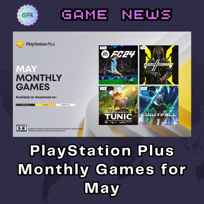 PlayStation Plus Monthly Games for May: 
EA Sports FC 24, Ghostrunner 2, Tunic, Destiny 2: Lightfall

#fc24 #ghostrunner2 #tunic #destiny2 #destiny2lightfall #easports #easportsfifa #fifa24  #playstationplus #playstation #freegames #PS4 #PS5 #gaming #GamingNews #gamesfunrelax