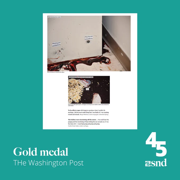 "Image of a bloodied school hallway with a description overlay that reads about the daunting task of surviving an AR-15 attack, offering a poignant look at the scenes left behind after school shootings."
