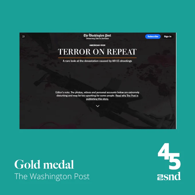 "Dark themed cover from The Washington Post titled 'Terror on Repeat' featuring a shadowy image of an AR-15 rifle. The header explains that this is a rare look at the devastation caused by AR-15 shootings. A caution note warns readers about the disturbing content of the photos, videos, and personal accounts featured within the story."
