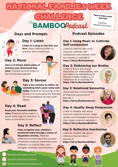 poster advertising the bamboo parenting podcast national families week challenge