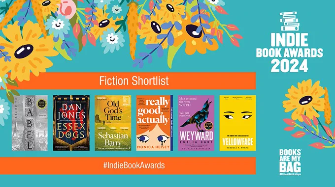 An Indie Book Awards 2024 Fiction shortlist asset on a green background with floral imagery featuring the six shortlisted fiction books.