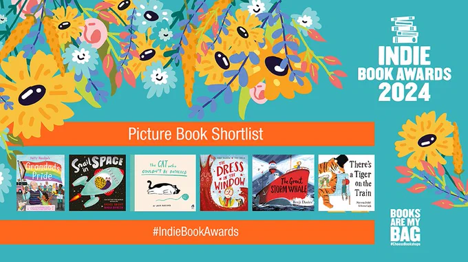 An Indie Book Awards 2024 Picture Book shortlist asset on a green background with floral imagery featuring the six shortlisted picture books.