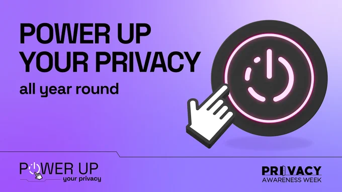 Illustrated power button with a hand cursor about to press it. Text reads, ‘Power up your privacy all year round’.