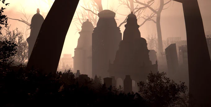 Monuments rest inside a large dark forest at sunset. They look like gravestones and giant mausoleums. In the distance strange scaffoldings and wooden structures can be seen.