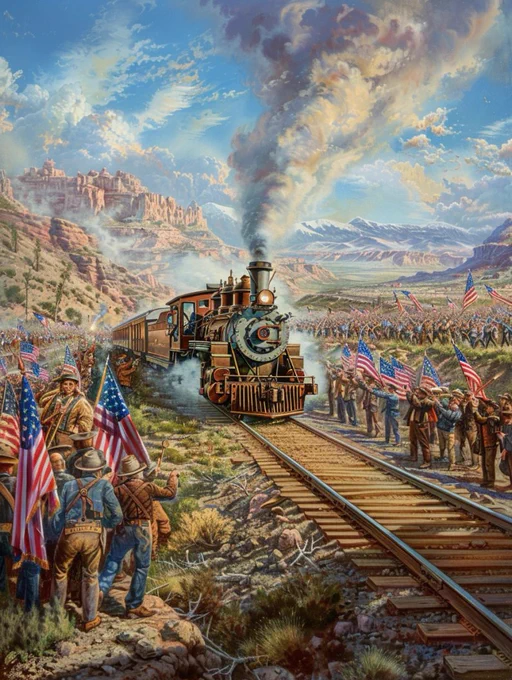 a steam locomotive on a single track, surrounded by cheering crowds and workers holding golden spikes, set against a backdrop of the rugged Utah landscape with mountains and desert, American flags waving, in a triumphant and celebratory scene marking the completion of the First Transcontinental Railroad in 1869 --ar 3:4 --v 6.0