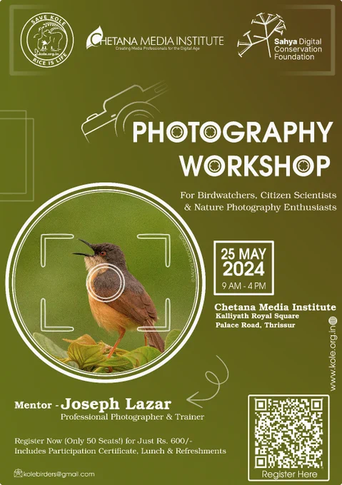 We are thrilled to present an exclusive Photography Workshop aimed at enhancing your nature documentation skills. 🦜🌿

Date: Saturday, May 25th, 2024
Time: 9:00 AM – 4:00 PM
Venue: Chetana Media Institute, Thrissur