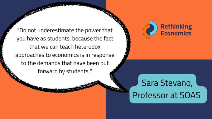 A sharepic with a quote bubble with a quote from SOAS professor Sara Stevano about the importance of students making their voices heard. Beside is the REI logo and behind are orange squares.