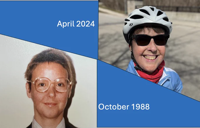 Photos of Margaret Lynch 1988 post-transplant and 2024 training for the Ride to Conquer ancer 