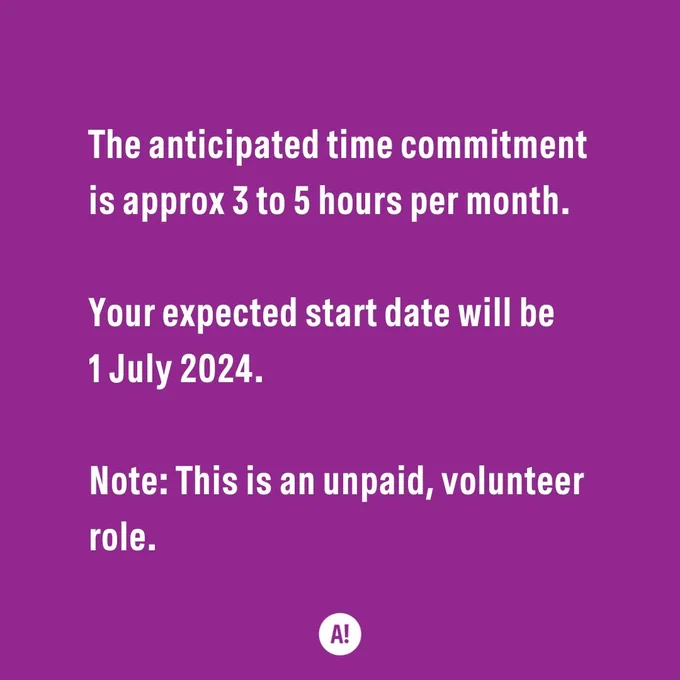 The anticipated time commitment is approx 3 to 5 hours per month, with additional engagement in essential communications. Certain periods may be quieter and others may see increased activity depending on what is happening in the wider organisation.

Your expected start date will be 1 July 2024.
