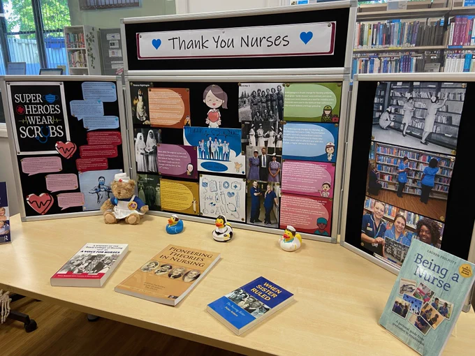 Southend Nurses Day display with photos and information.