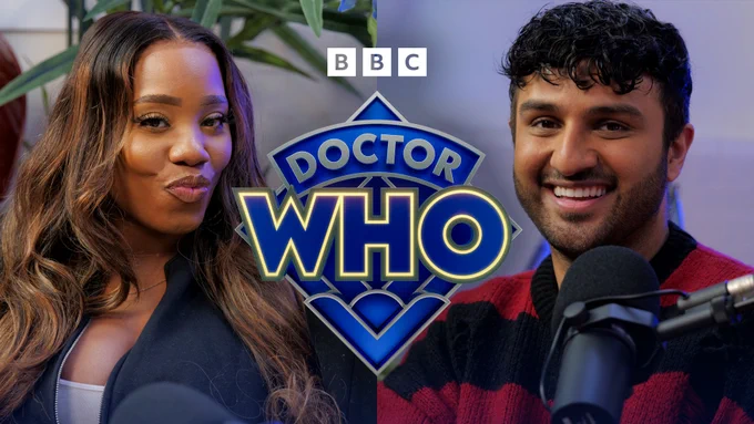 Composite photos of Nadia Jae and Shabaz Ali. Between them is the diamond Doctor Who logo.