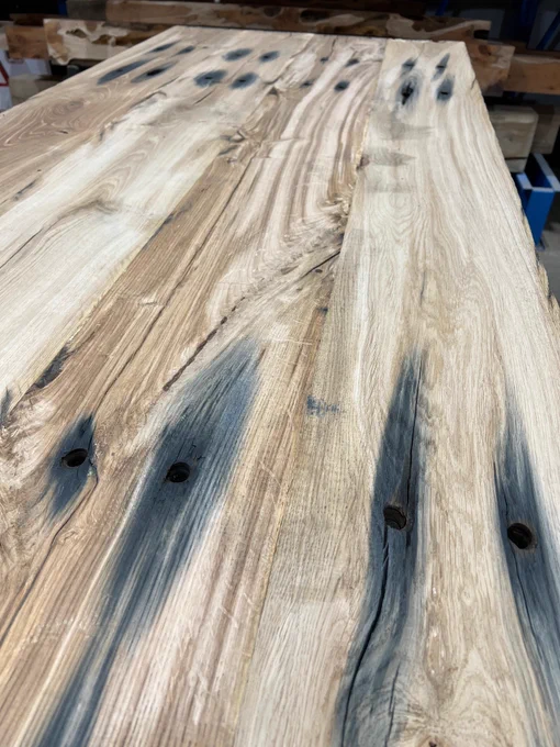 photo of rustic Oak table top made from train sleepers.