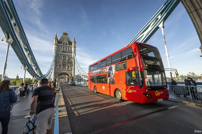 Bus passing over London's Tower Bridge