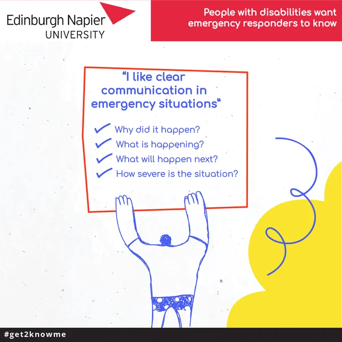 Graphic from Edinburgh Napier University's #Get2KnowMe campaign created alongside people with learning disabilities to improve their experience with emergency services. 

The graphic highlights that people with learning disabilities like clear communications in emergency situations, along with the following questions: 

Why did it happen? 
What is happening? 
What will happen next? 
How severe is the situation? 
