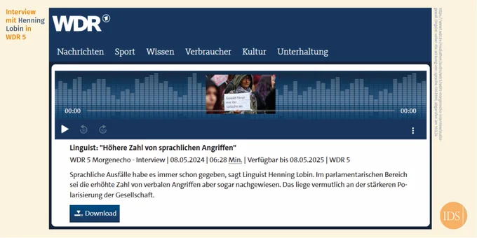 Screenshot der WDR-Webseite zum Beitrag. Links im Bild steht der Text: "Interview mit Henning Lobin in WDR 5". Rechts im Bild ist die URL zu lesen, darunter steht das Logo des IDS.