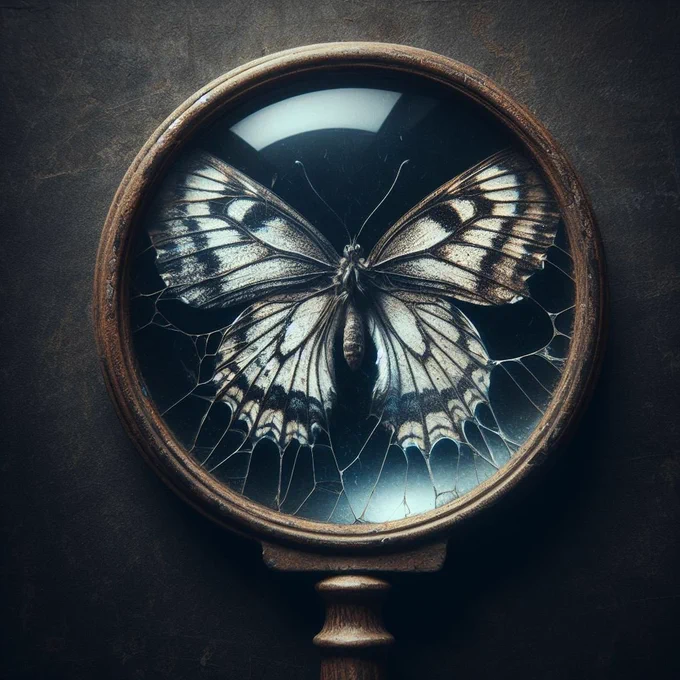 A cracked magnifying glass revealing a clear image underneath. This symbolizes transparency, where honesty reveals the truth.