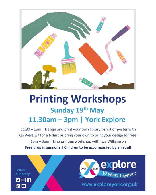 Printing Workshops
Sunday 19th May
11.30am - 3pm | York Explore
11.30 - 1pm | Design and print your own library t-shirt or poster with Kai West. £7 for a t-shirt or bring your own to print your design for free!
1pm - 3pm | Lino printing workshop with Izzy Williamson
Free drop in sessions | Children to be accompanied by an adult