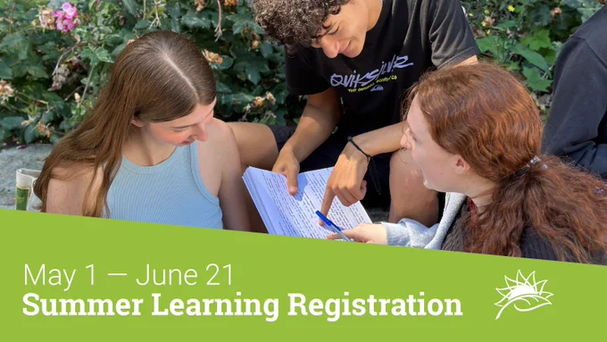 Image of three students working together while sitting outside on a sunny day. A bright green banner spans the bottom of the image with white text that reads 'May 1-June 21, Summer Learning Registration.'