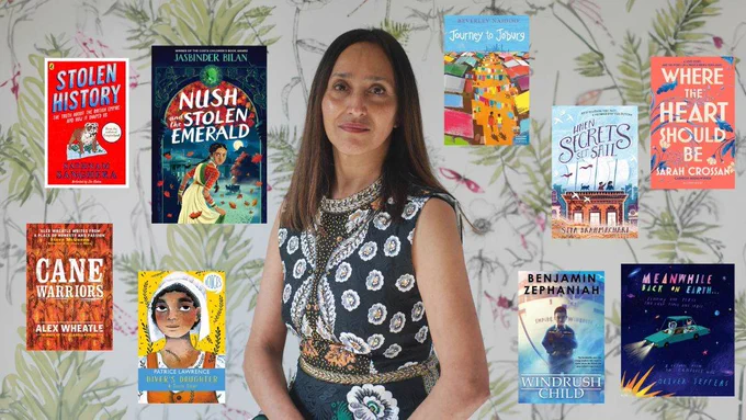 A photo of Jasbinder Bilan and the front covers of Stolen History, Cane Warriors, Nush and the Stolen Emerald, Diver's Daughter, Journey to Jo'burg, When Secrets Set Sail, Where the Heart Should Be, Windrush Child, and Meanwhile Back on Earth
