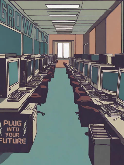 Arts-based image of computers in a room with words that say Growth and also Plug Into Your Future. 