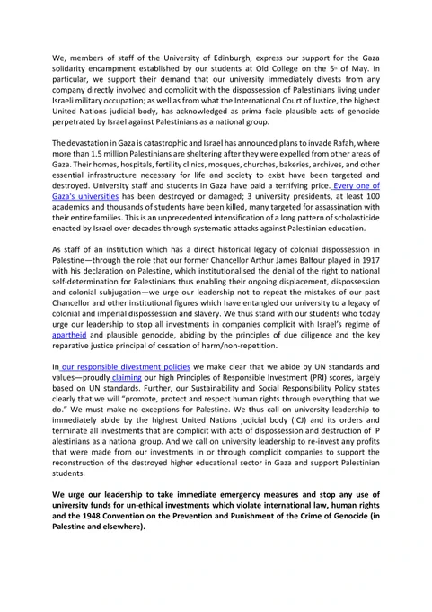 A letter from the Staff and Post Graduate Researchers (PGRs) at the University of Edinburgh asking senior Management to divest from unethical investments in Israel.  