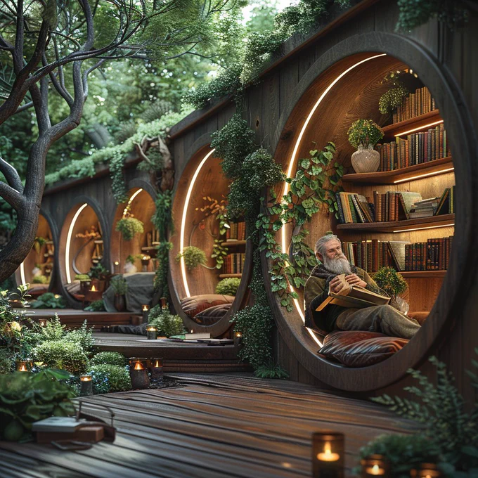 bearded man reading in a rounded forest library
