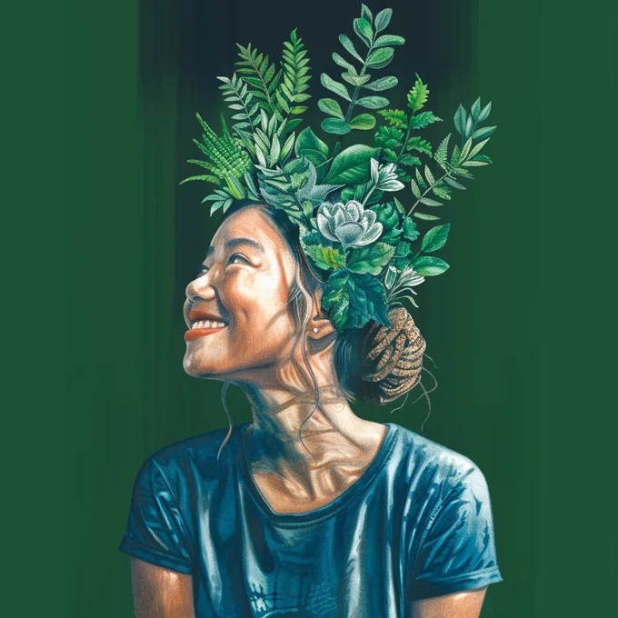 smiling person with plants coming out of her head