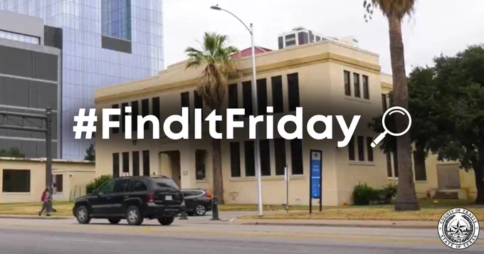 Photo of the historic Palm School building in downtown Austin, Texas. Text says: Find it Friday.