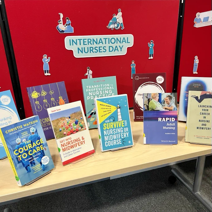 A display with books about nursing.