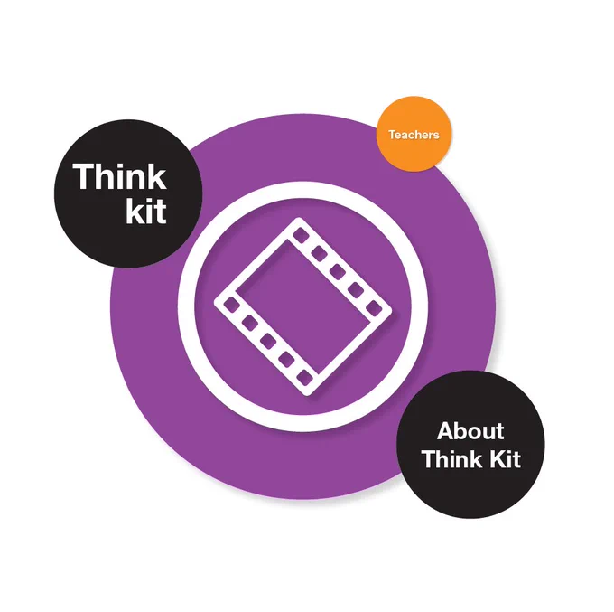 Purple and black circles with a white film graphic and text that reads 'about think kit' 