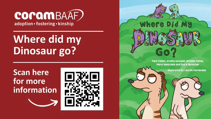 A QR code is provided to a youtube video of an author interview and the front cover of Where Did My Dinosaur Go? is shown