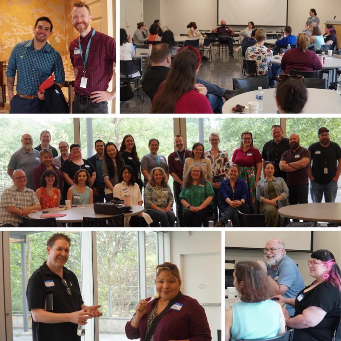 Collage of five photographs from Houston community group meetup. The photos include various Houston community group members in conversation and smiling at the camera.